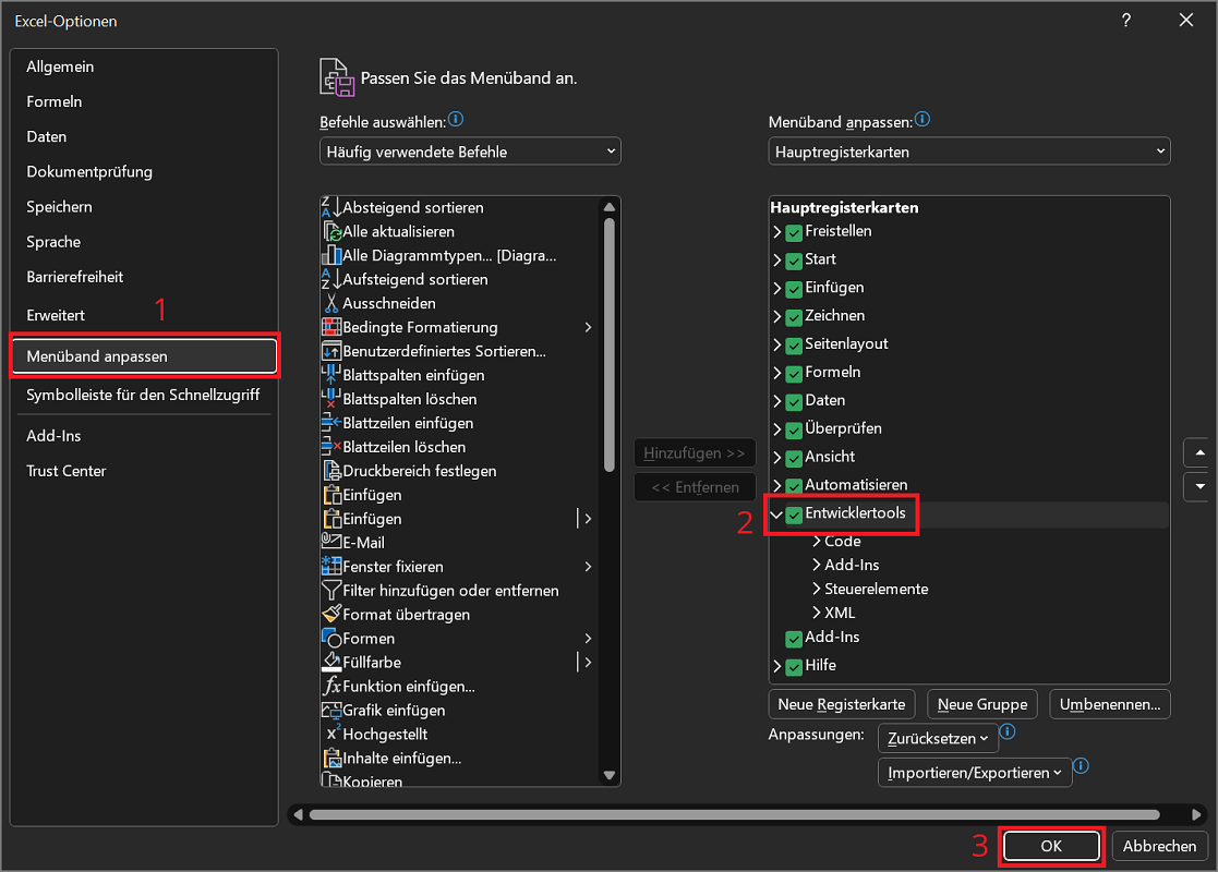Ver herramientas de desarrollador en opciones de Excel