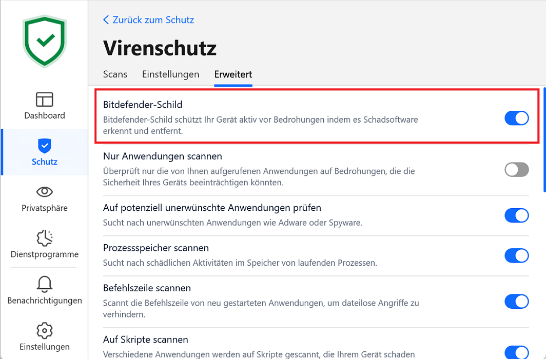 Deshabilitar Bitdefender en Configuración