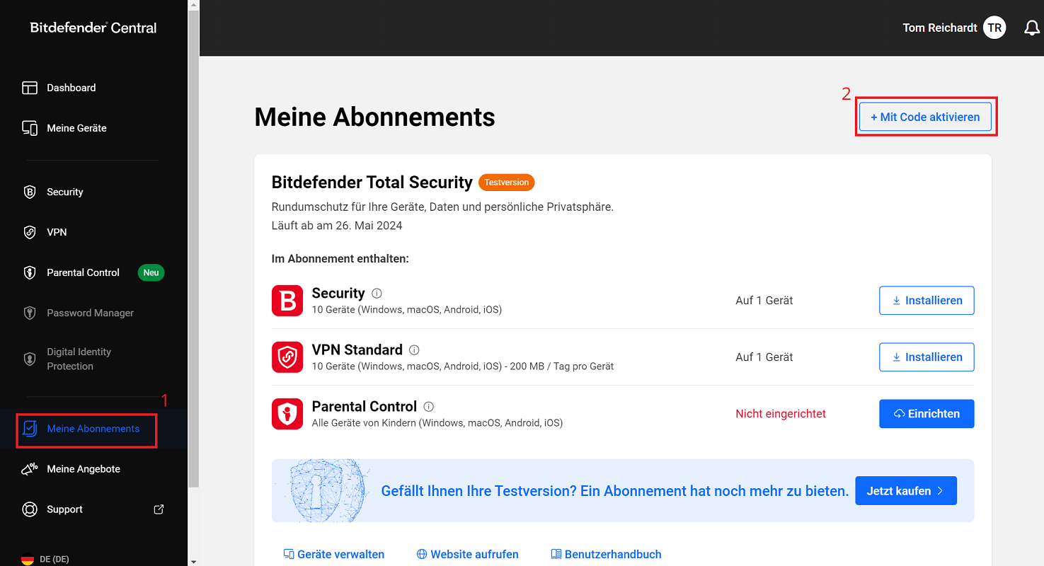 Ampliar el código de activación y activar Bitdefender