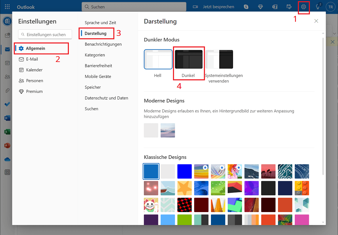 Activar el modo oscuro en Outlook en el navegador de Internet