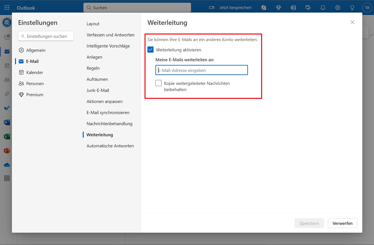 Configurar el reenvío de correo electrónico en la versión web de Outlook