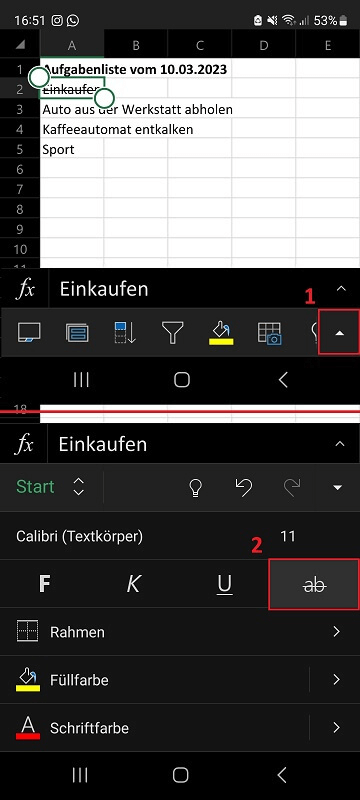 Tachado en Excel para Android