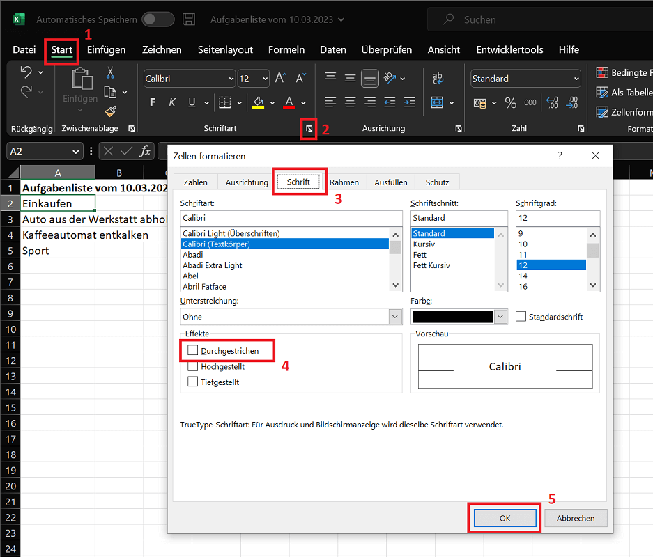 Excel: función de tachado en las opciones