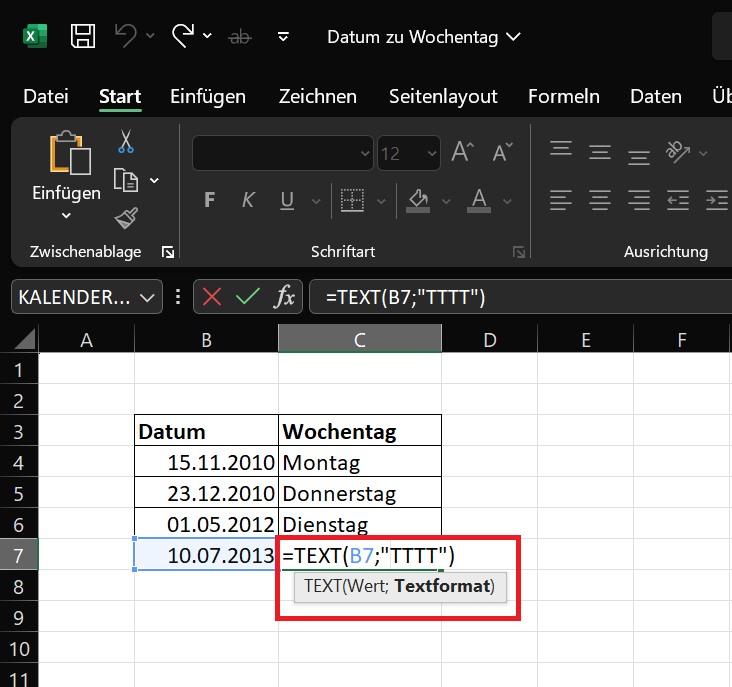 Muestra el día de la semana usando la fórmula de Excel TEXTO