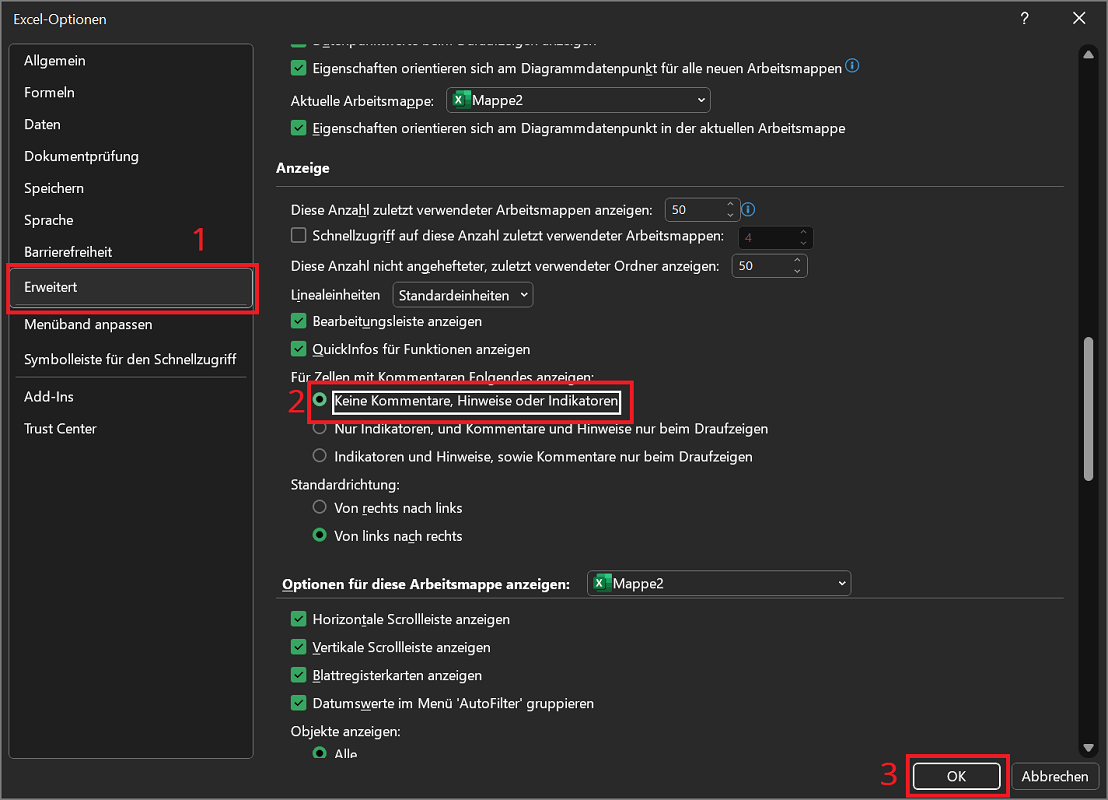 Ocultar indicadores de comentarios en Excel