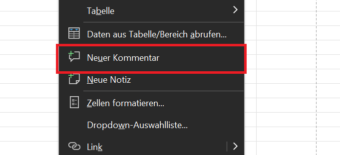 Insertar un comentario en Excel usando el menú contextual