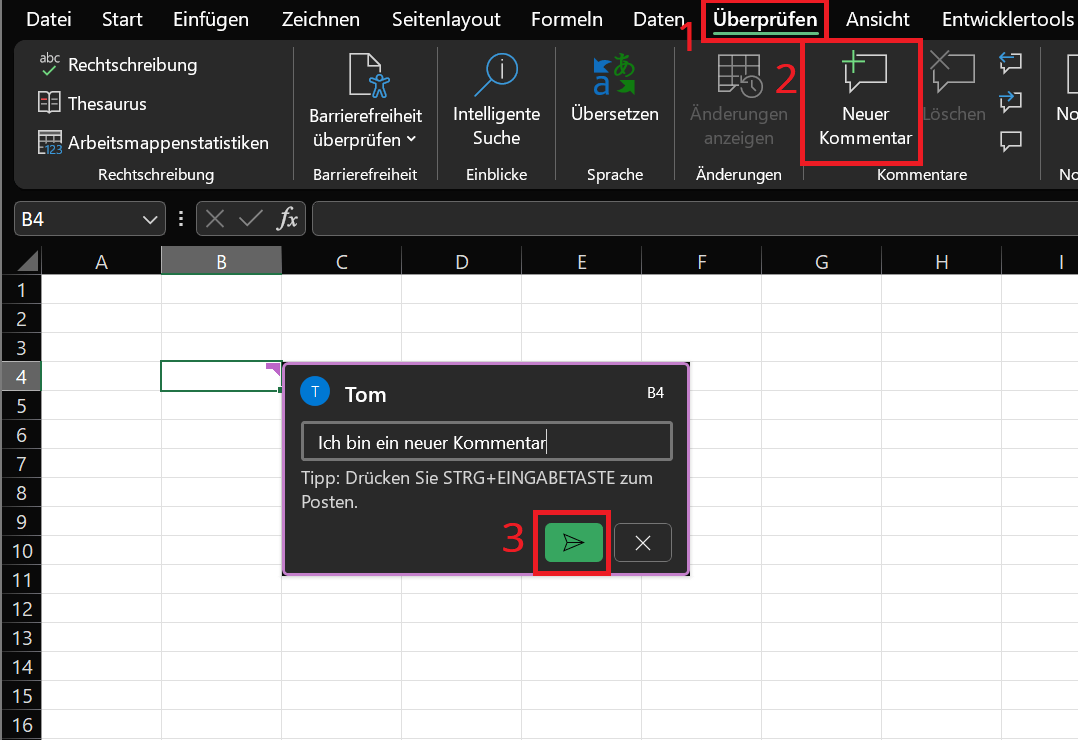 Insertar un comentario en Excel usando la barra de menú