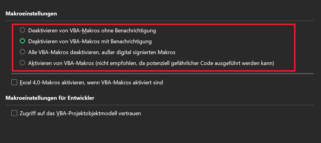 Configuraciones de seguridad de macros individuales en Excel