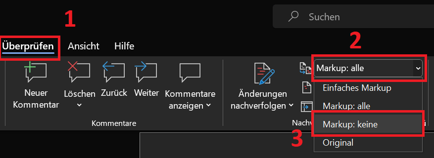 Ocultar comentarios y marcas en Word