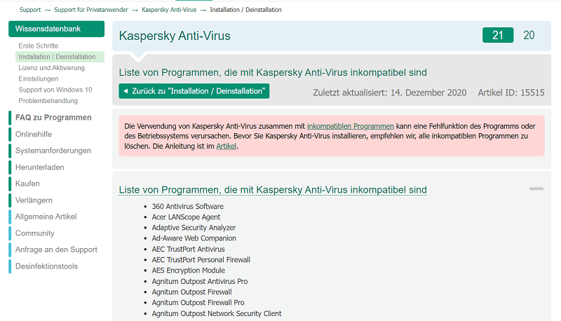 Lista de todos los programas incompatibles con Kaspersky Tools