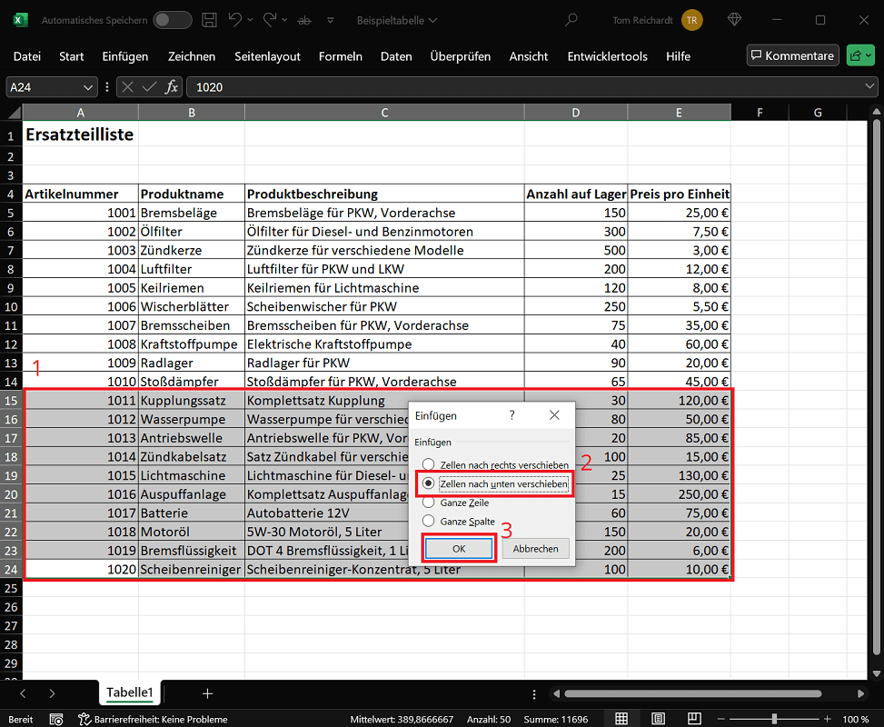 Insertar varias filas en Excel