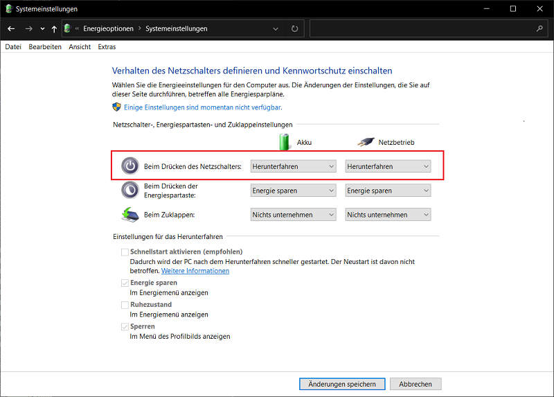 Configuración del botón de encendido para el apagado rápido de Windows 10