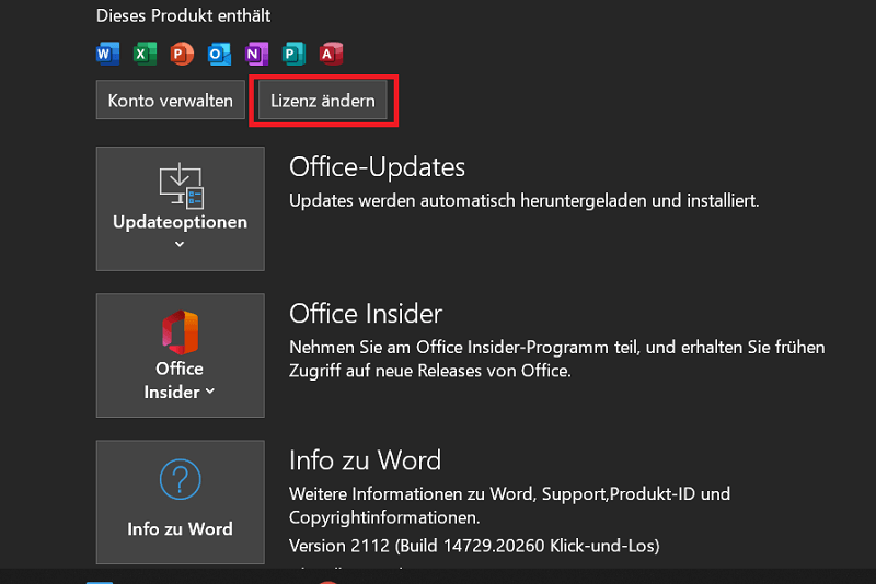 Cambiar Office 2016 Tecla en las opciones