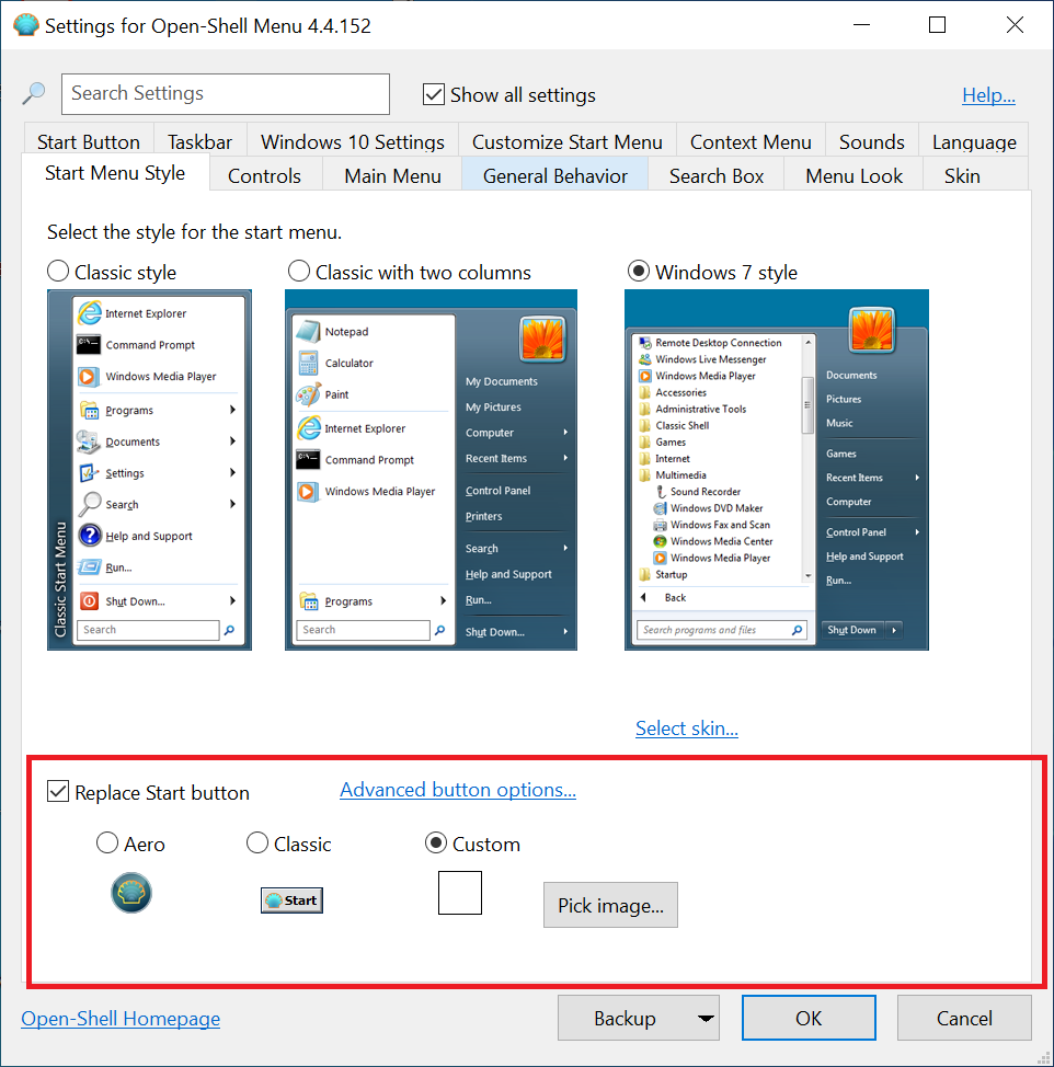 Inserte el botón de inicio clásico de Windows 7 en Windows 10 con Open Shell
