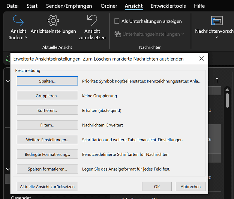 Configuración de vista de Outlook