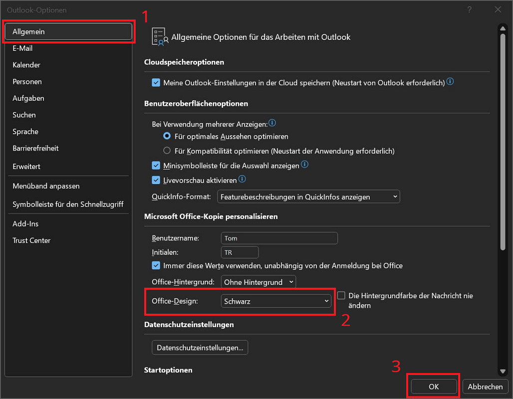 Active el modo oscuro de Outlook en la aplicación de Windows