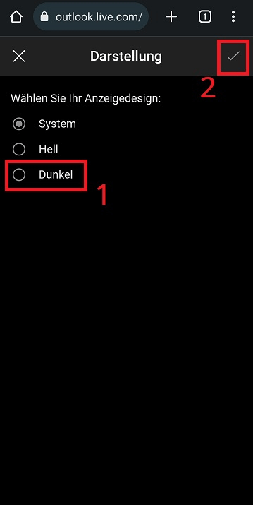 Active el modo oscuro de Outlook en su teléfono inteligente o tableta en el navegador de Internet