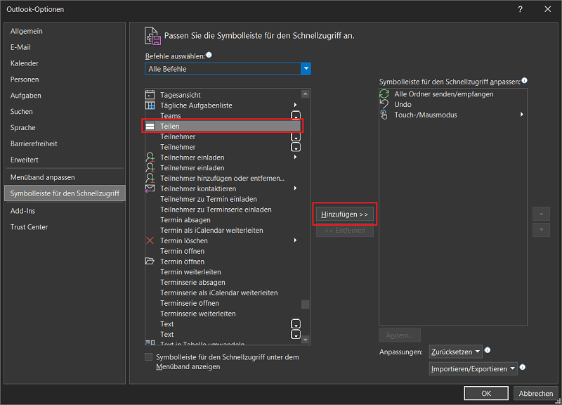 Agregar función para compartir en la configuración de Outlook