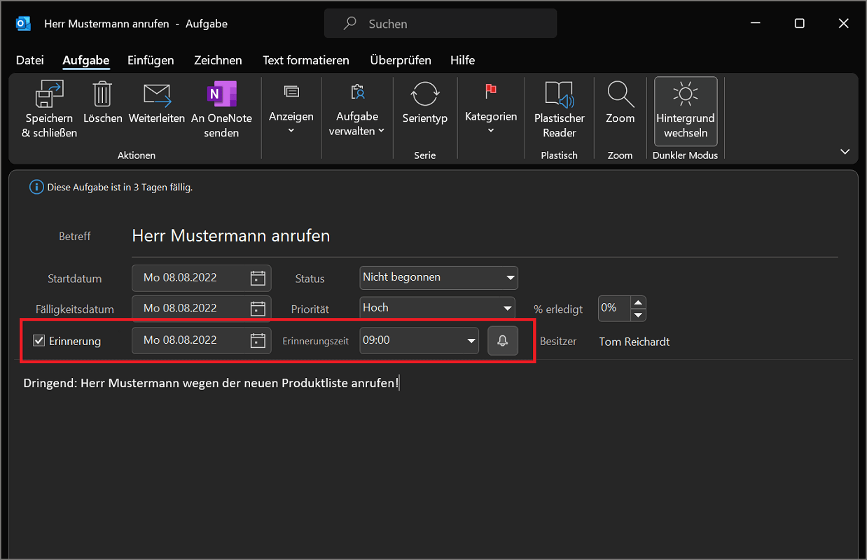 Crear un recordatorio de Outlook para una tarea