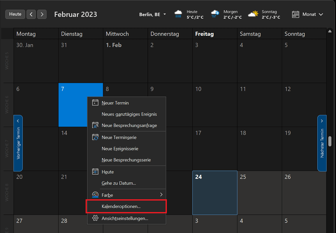 Mostrar y activar la semana del calendario en Outlook usando el menú contextual