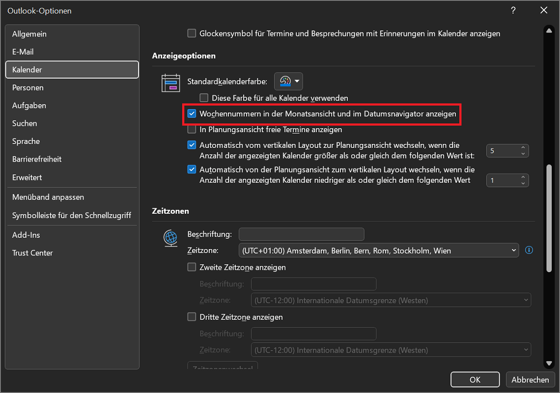 Activar y mostrar la semana del calendario en Outlook usando las opciones