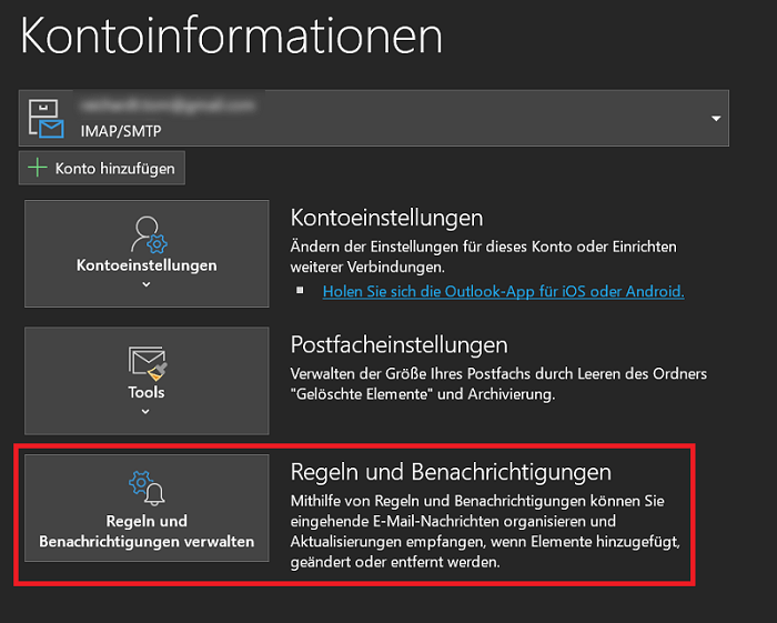 Información de la cuenta de Outlook para configurar reglas, notificaciones y respuestas automáticas