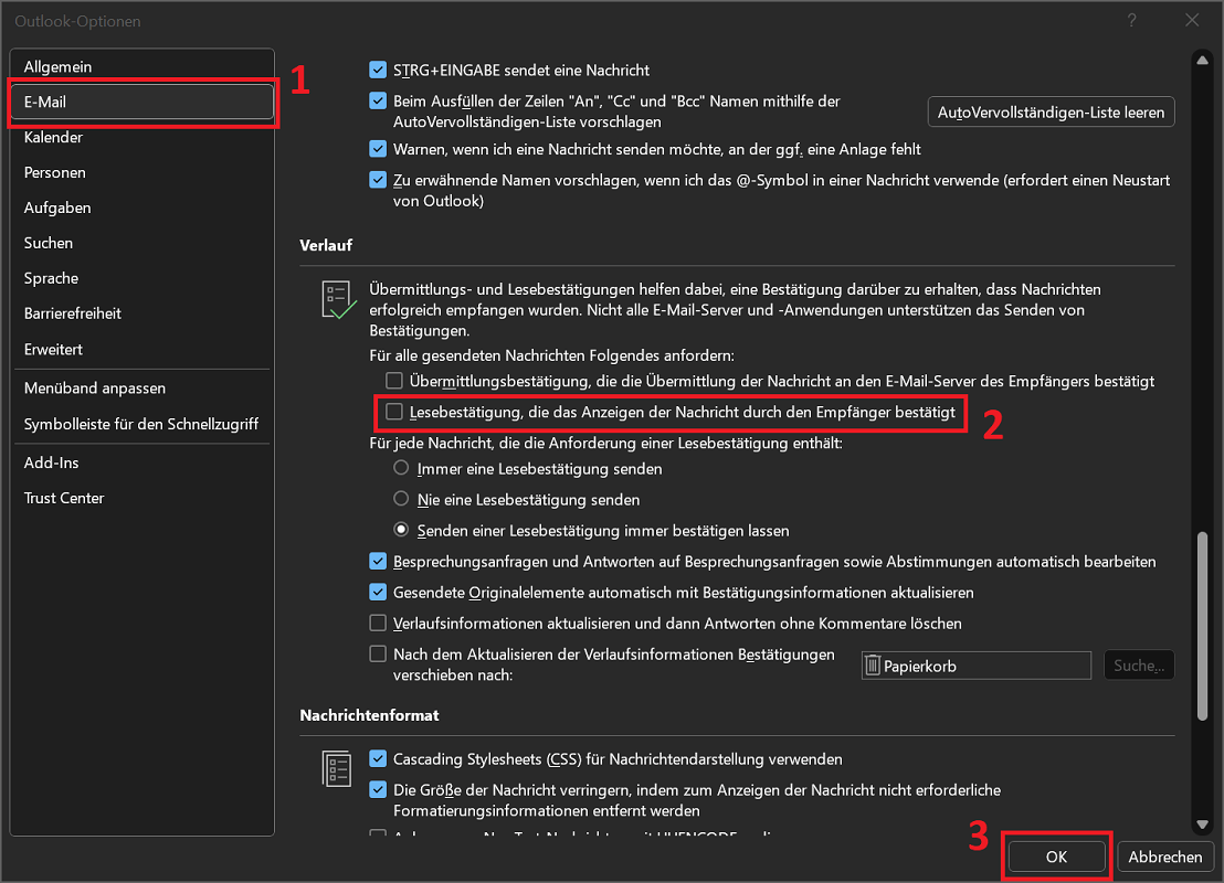 Habilite los recibos de lectura de Outlook en las opciones