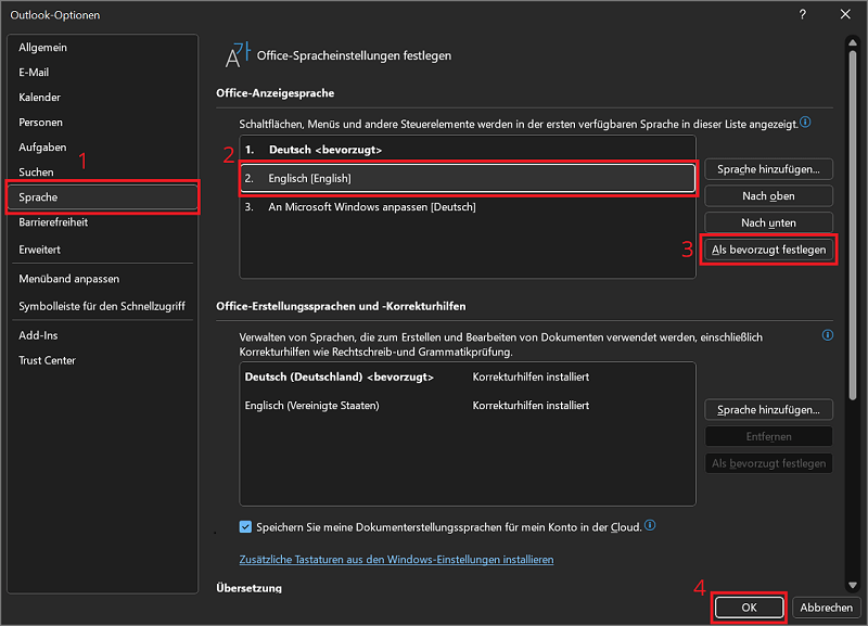 Cambiar el idioma en las opciones de Outlook