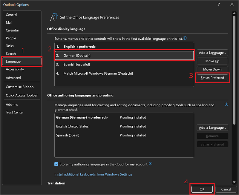Cambiar Outlook de inglés a alemán