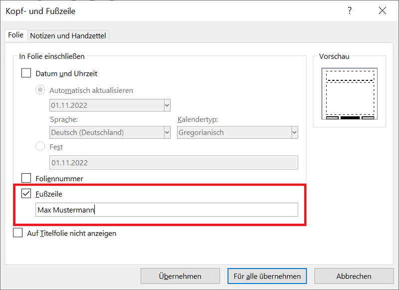 Editar pie de página de PowerPoint en las opciones
