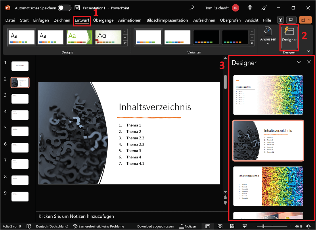Utilice el diseñador para seleccionar una plantilla para la tabla de contenido de PowerPoint