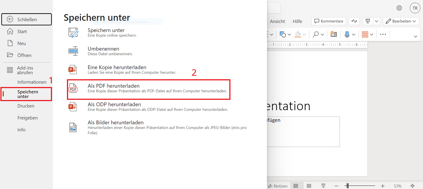 Guarde PPTX en PDF en la versión web de PowerPoint