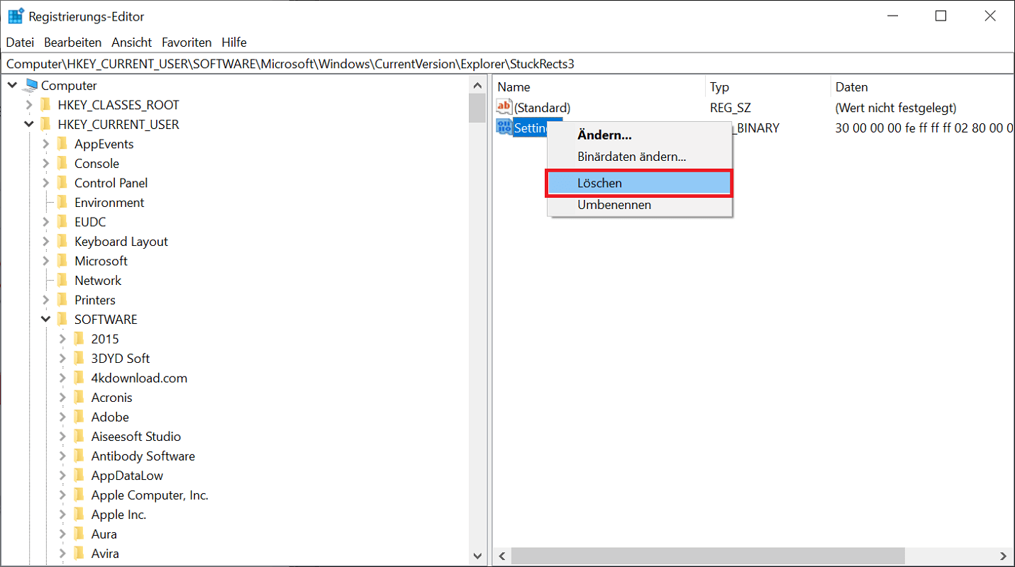 Elimine la entrada de Configuración en el Editor del Registro y restaure la barra de tareas