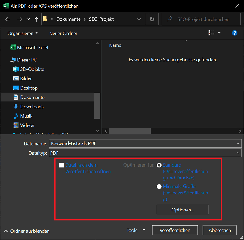Opciones de guardado para convertir Excel a PDF