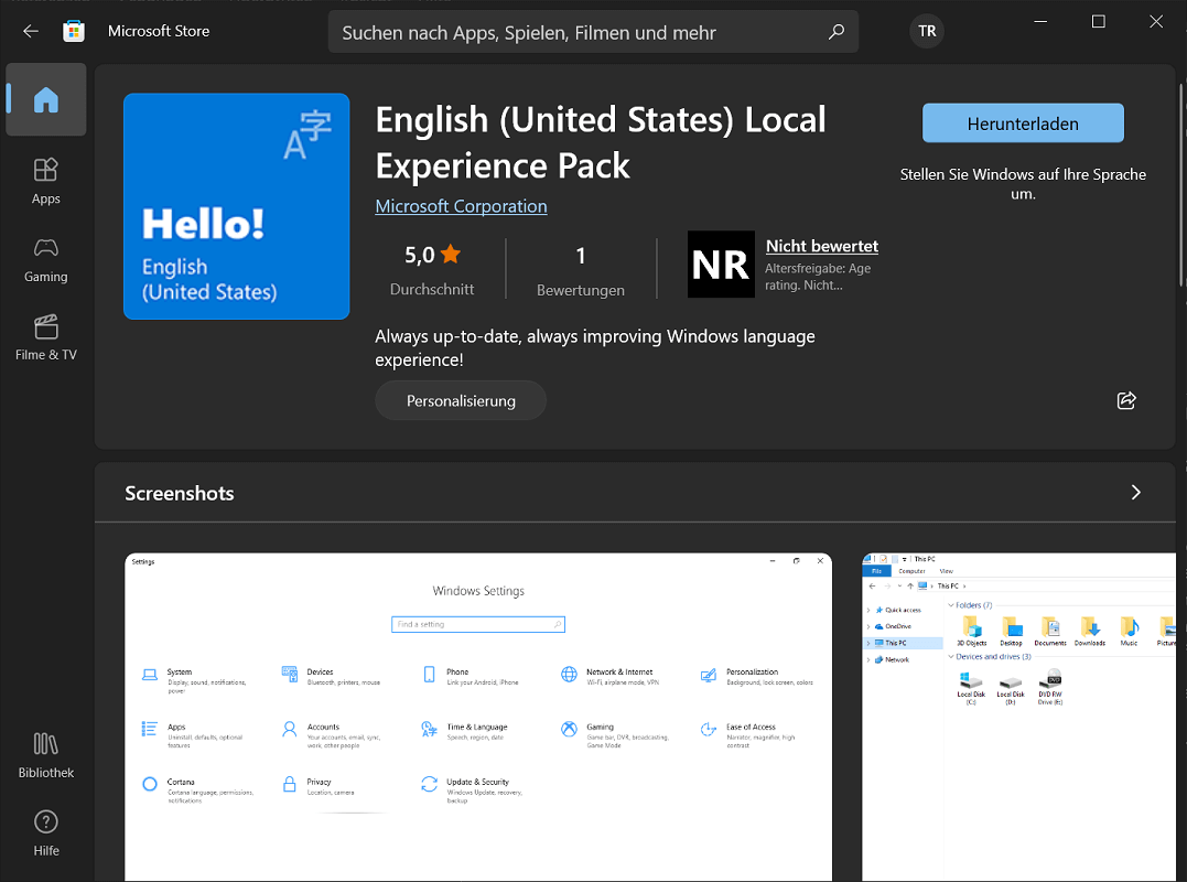 Descargue paquetes de idiomas de la Tienda Windows