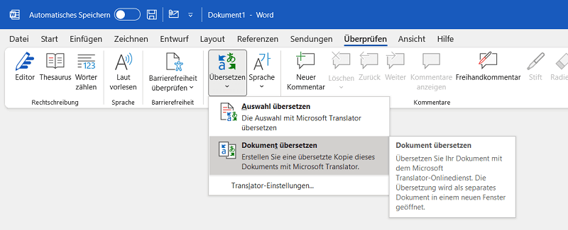 Traducciones con el Traductor en aplicaciones de Office 2019 como Word, Excel y PowerPoint