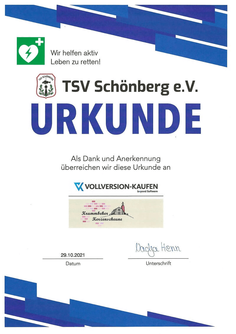 Certificado del TSV Schönberg para comprar una versión completa del nuevo desfibrilador