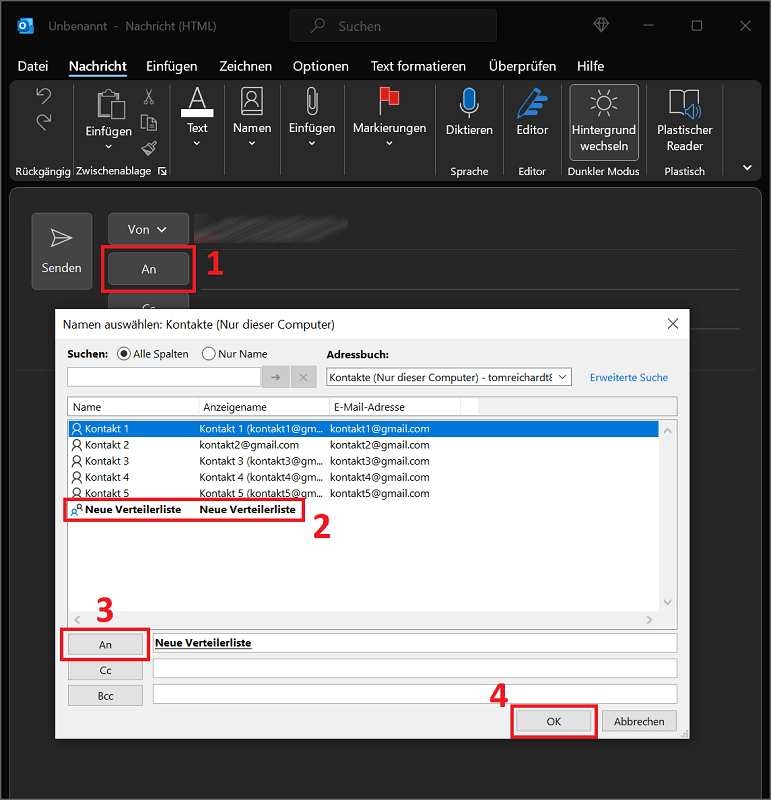 Enviar lista de distribución en Outlook