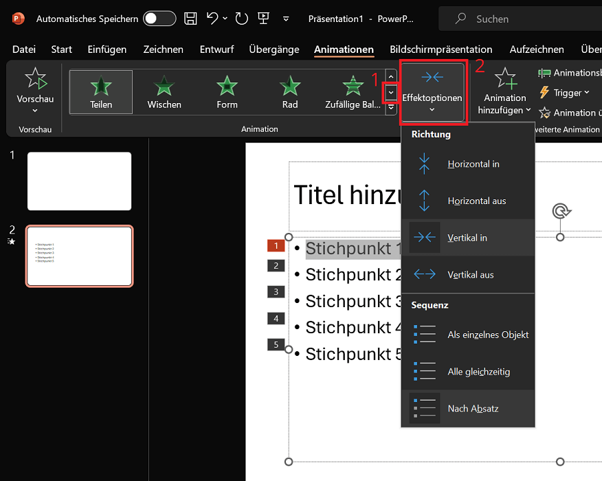 Seleccione animaciones adicionales y opciones de efectos.
