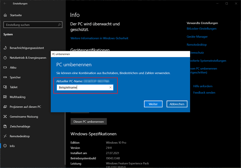 Cambiar el nombre de la computadora en la configuración de Windows 10