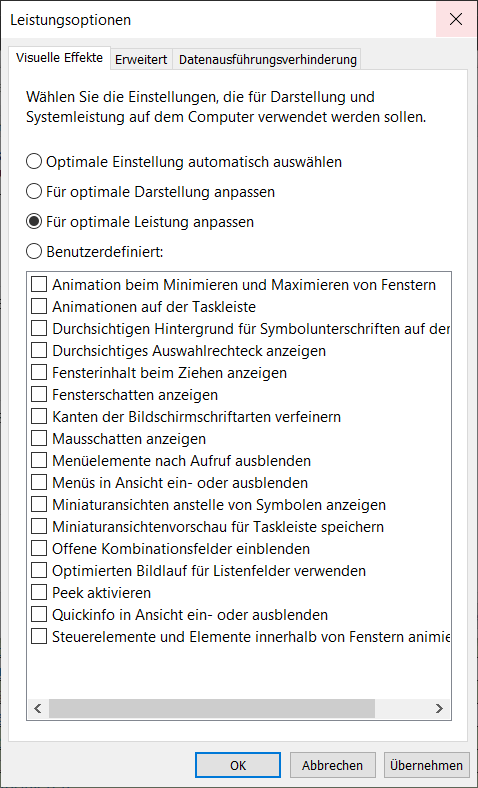 Deshabilite los efectos visuales en Windows 10 en Opciones de rendimiento