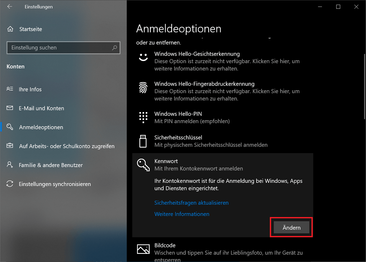 Cambiar la contraseña en las opciones de inicio de sesión de Windows