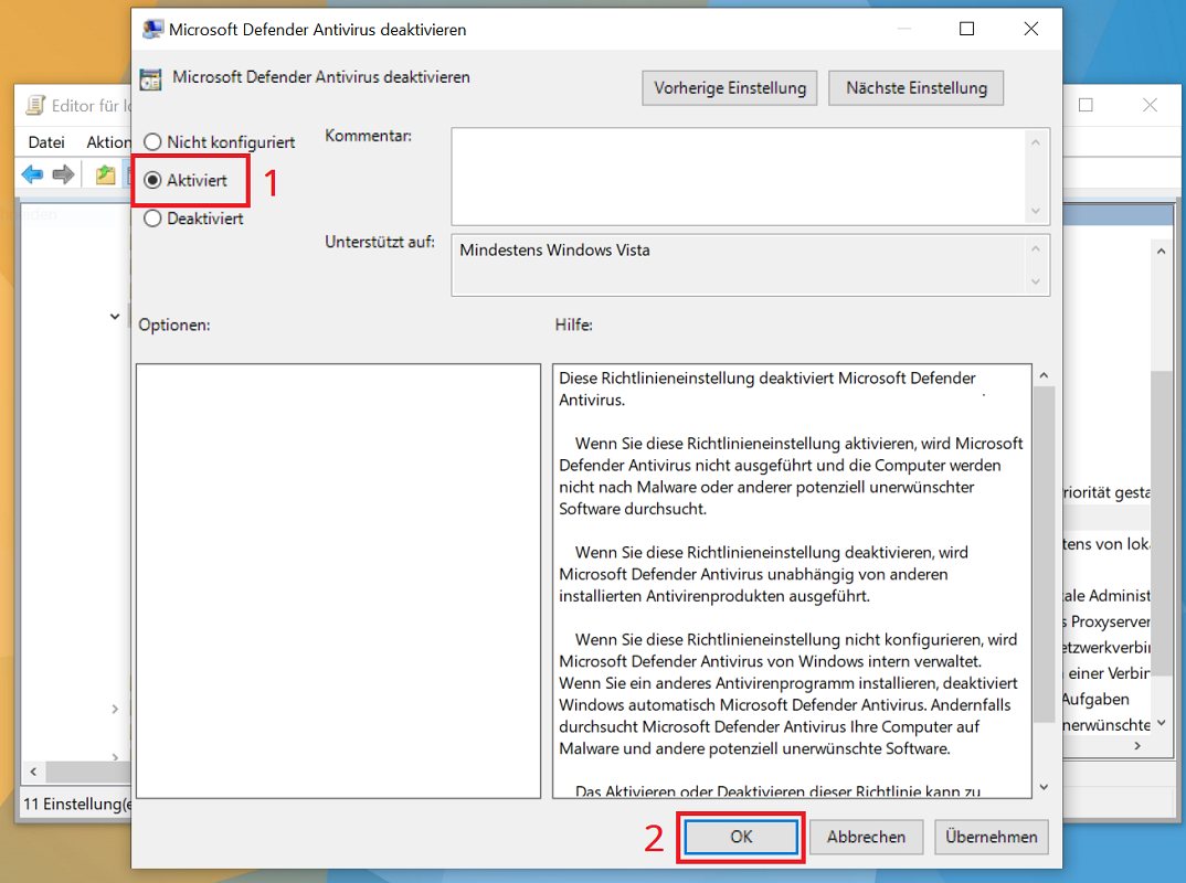 Deshabilite Windows Defender en la política de grupo