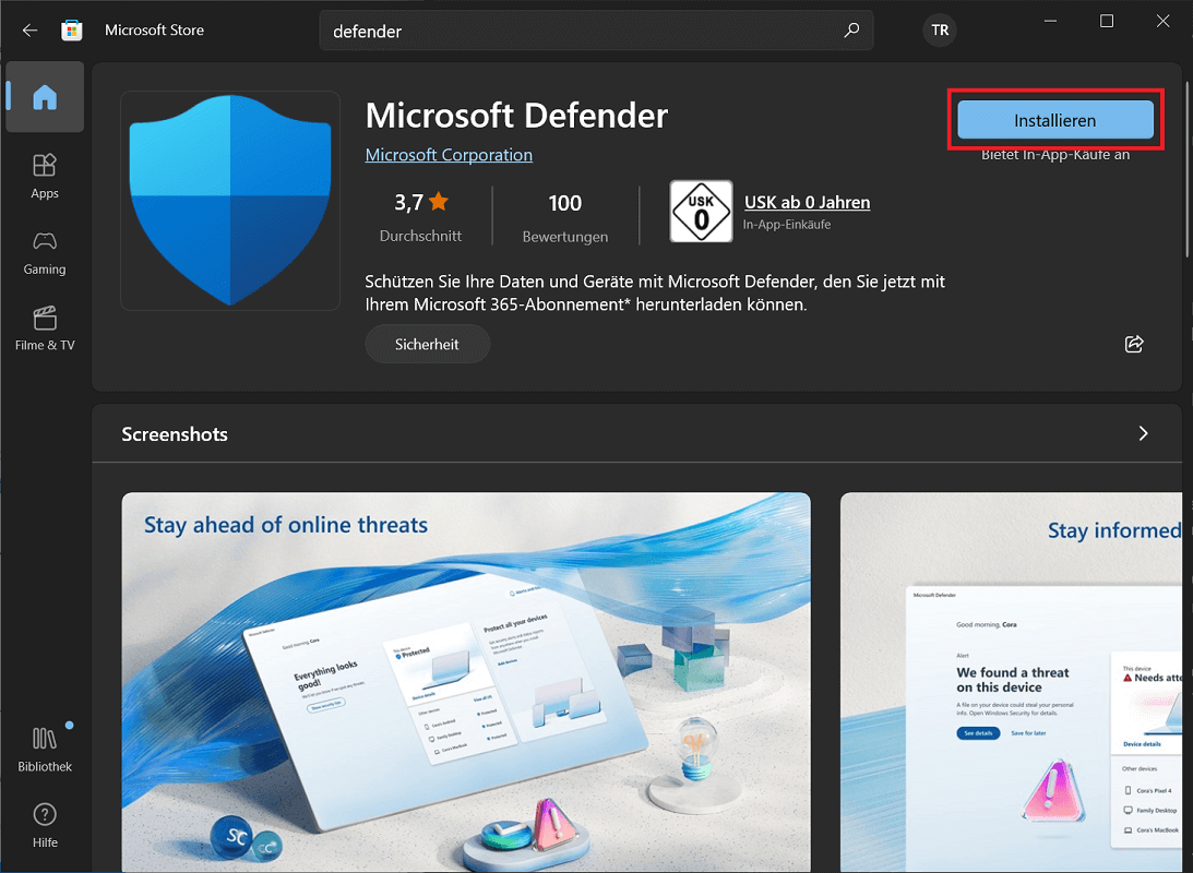Descarga e instalación de Windows Defender