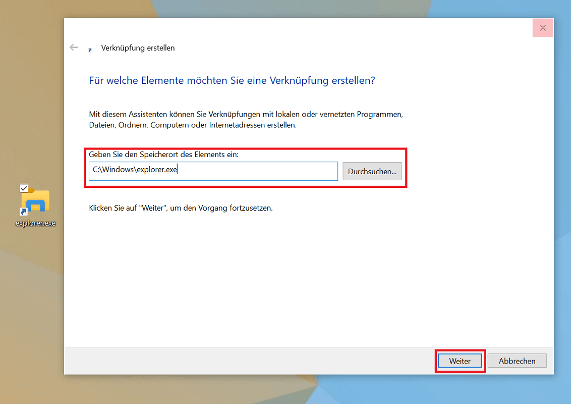 Crear un acceso directo para el Explorador de Windows