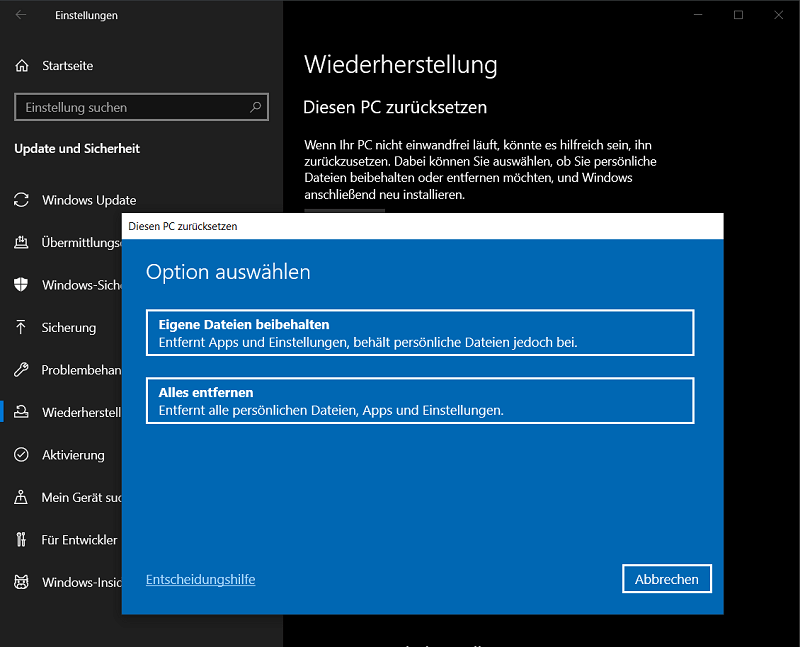 Reinstale Windows en Configuración, eliminando todos los archivos y programas