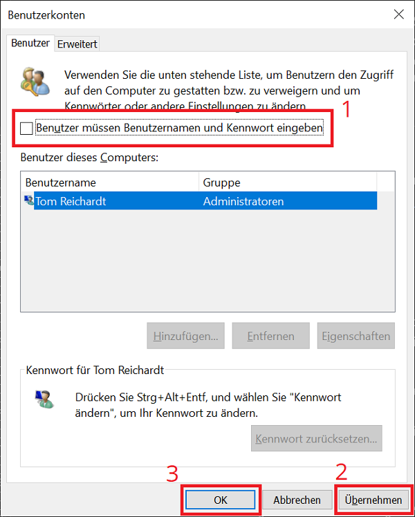 Deshabilite la contraseña de Windows para el inicio de la PC en las cuentas de usuario