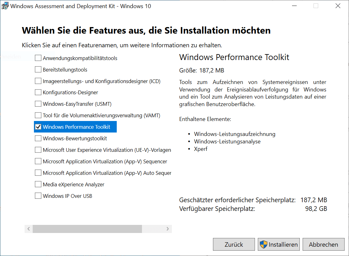 Instalación del kit de herramientas de rendimiento de Windows