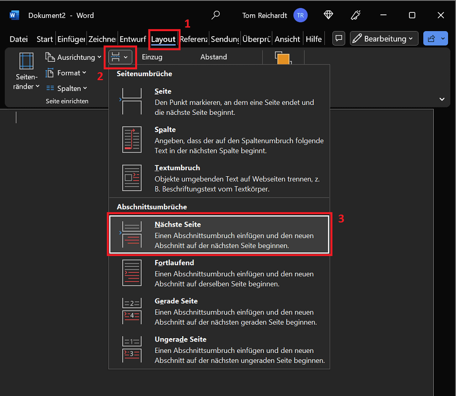 Microsoft Word: establezca una sola página con salto de sección en formato horizontal