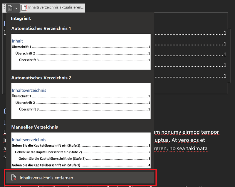 Quitar tabla de contenidos en Word